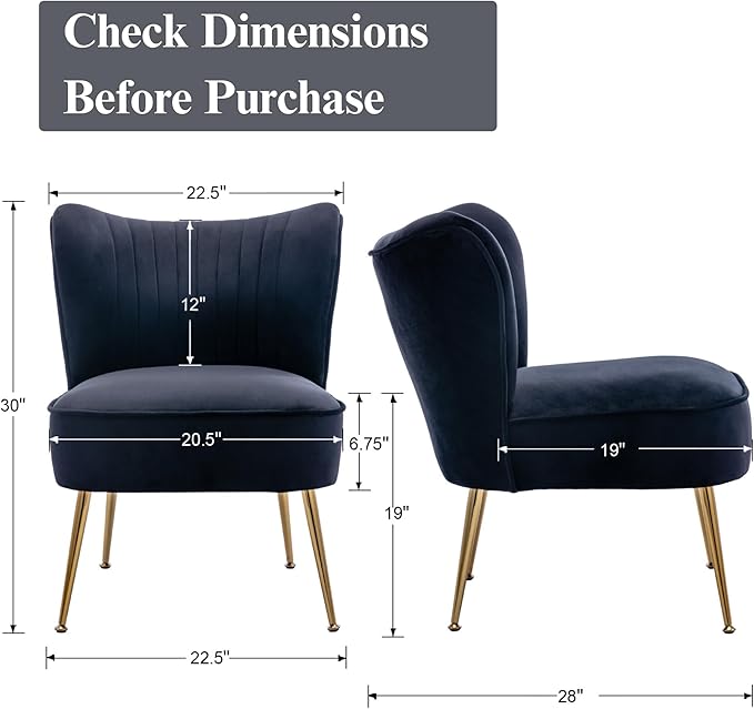 Velvet Accent Chair Set of 2 Comfy Living Room Chair Armless Slipper Chair Mid Century Side Single Sofa Chair with Golden Legs Wingback for Bedroom Guest Room, Black