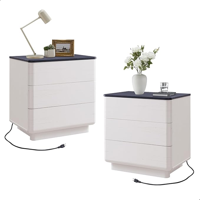 ACCOHOHO 22" Modern Nightstand Set of 2 with Charging Station, Push-to-Open 3 Drawers Bedside Table, Large End Table with Storage, Night Stand for Bedroom, Living Room, Curved Profile, Off White