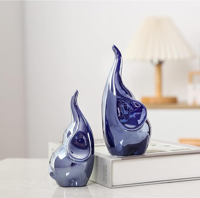Ceramic Elephant Figurines with Trunk Up, Pair Couples Loving Elephant Statue, Small Figurines Sculpture African Home Decor, Valentine Elephants Gifts for Women, Wedding Knick Knacks（Blue）