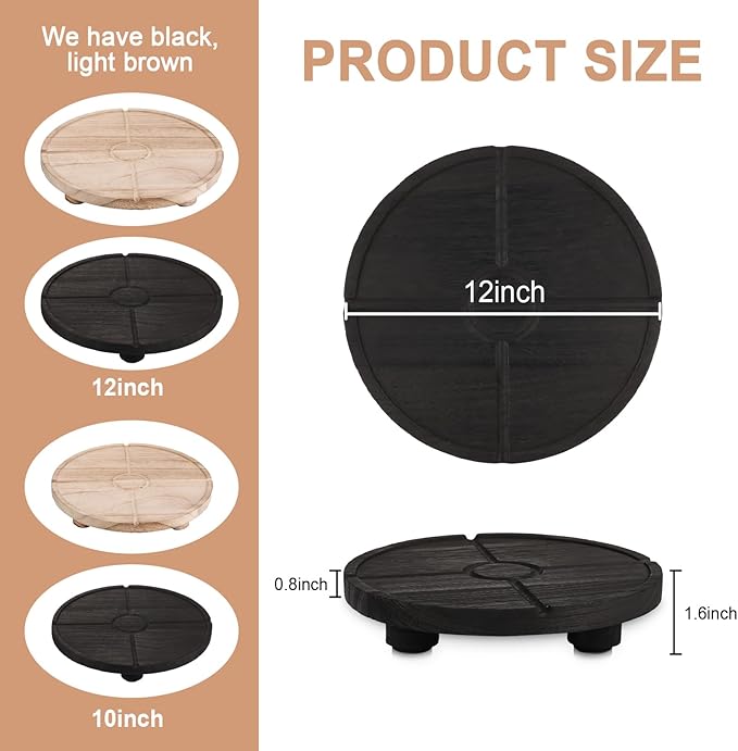 12'' Round Wooden Tray Pedestal Stand, Farmhouse Bathroom Decor Riser for Soap Dispenser, Perfume, Candle, 12'', Matte Black