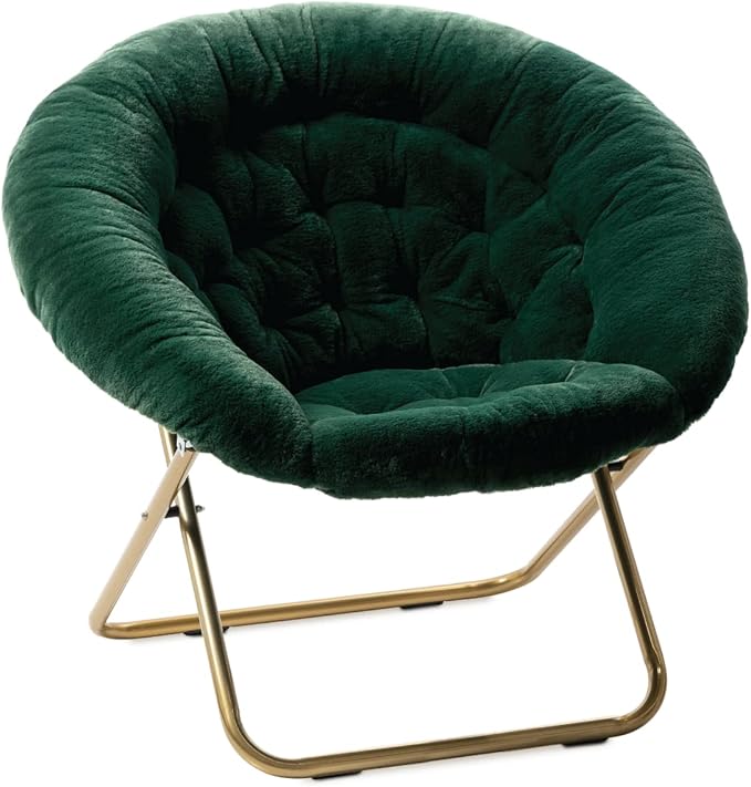 Milliard Saucer Chair For Adults, Teens & Kids, Green, Faux Fur XL Circle Chair for Bedroom, Dorm & Gaming, Foldable Comfy Accent Seat for Small Spaces, Folding Moon / Mushroom / Round Oversized Style