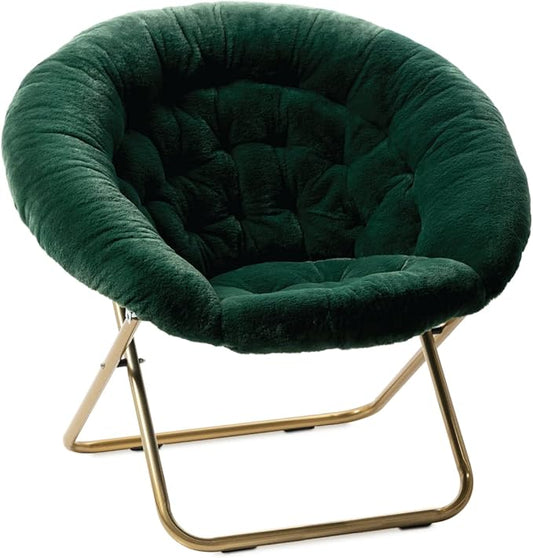 Milliard Saucer Chair For Adults, Teens & Kids, Green, Faux Fur XL Circle Chair for Bedroom, Dorm & Gaming, Foldable Comfy Accent Seat for Small Spaces, Folding Moon / Mushroom / Round Oversized Style