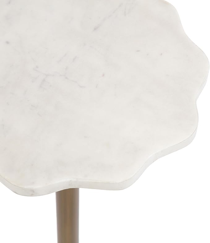 Kate and Laurel Sanzo Modern Pedestal Drink Table, 10 x 10 x 23, Antique Brass and White, Decorative End Table with Scalloped Marble Tabletop for Use as Small Plant Stand or Cute Martini Table