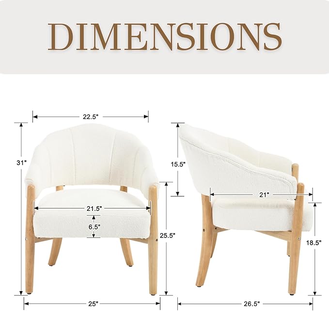 HEAH-YO Modern Accent Chair Set of 1,Upholstered Sherpa Living Room Chair,Reception Armchair with Solid Wood Legs,Reading Leisure Chair for Bedroom Makeup Vanity,White