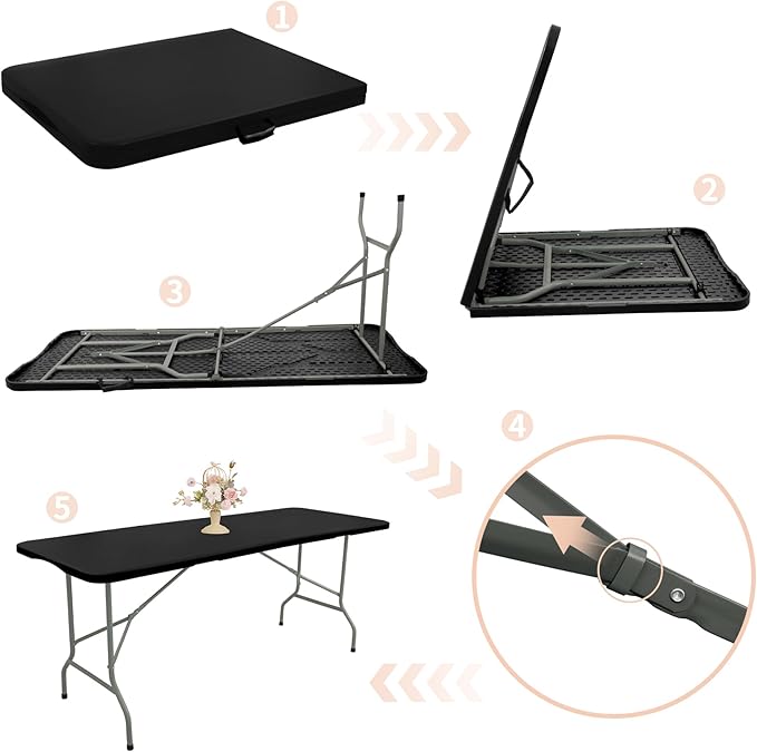 Folding Table 5FT Camping Table Portable Heavy Duty Plastic Rectangular Outdoor Dining Table Steel Legs Fold-in-Half with Carrying Handle for Indoor,Picnic,Party,Wedding,Events(Black)