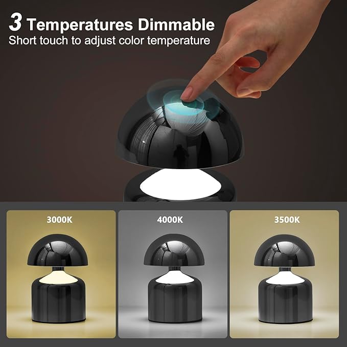 Modern Cordless Mushroom Small Table Lamp Touch LED Lamps, 3-Way Dimmable Bedside Nightstand Lamp Mini Rechargeable Night Light for Bedroom, Living Room