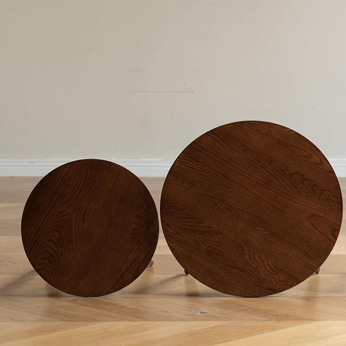 100% Solid Oak Wood Coffee Table Set, Round Coffee Table Combo Side Table w/Solid Wood Legs, Mid Century Table Sturdy Tables for Bedroom Balcony Living Room (Walnut, Small-Medium Combo)