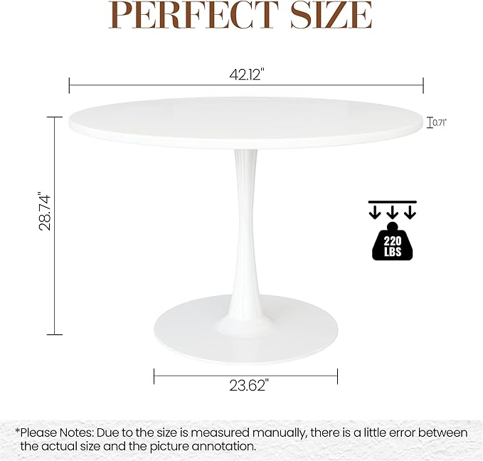 DKLGG White Round Dining Table, 42.1" Tulip Table Kitchen Dining Table 4-6 People with MDF Tabletop & Pedestal Base, Mid-Century End Leisure Coffee Office Living Room Table
