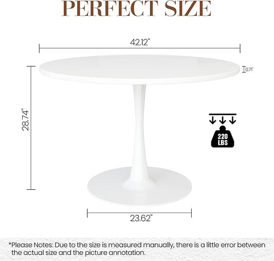DKLGG White Round Dining Table, 42.1" Tulip Table Kitchen Dining Table 4-6 People with MDF Tabletop & Pedestal Base, Mid-Century End Leisure Coffee Office Living Room Table