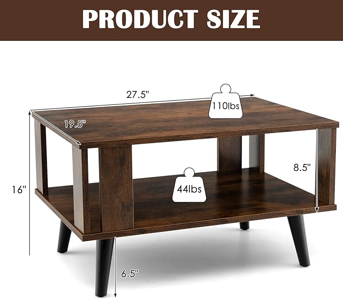 Tangkula Small Coffee Table for Small Space, 2-Tier Wooden Center Table with Open Storage Shelf, Side Baffle, Easy Assembly, Industrial Side Table for Living Room Bedroom (Rustic Brown)
