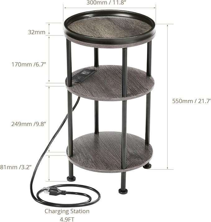 Small Round Side Table with Charging Station for Small Spaces, 3-Tier Accent Table with USB Ports & Power Outlets, Sofa Corner Tea Table for Living Room Nightstand Bedroom Apartment (Grey)