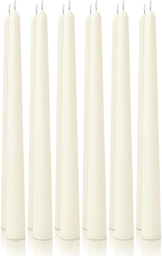 12pk 10" Classic Taper Candles, Ivory, 7-8 Hours Long Burning, Unscented Tall Candlesticks