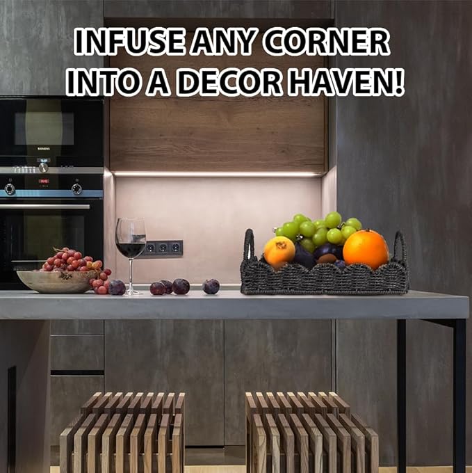 14" Handmade Wicker Tray with Scalloped Edge, Seagrass Basket with Handles, Decorative Boho Accent for Coffee Table or Ottoman, Holiday Serving