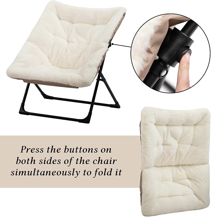 HollyHOME X-Large Saucer Chair, Comfy Oversized Folding Chair, Faux-Fur Reading Chair for Teens, Adults, Foldable Accent Lazy Chair, Metal Frame Lounge Chair for Living Room, Bedroom, Dorm, Beige