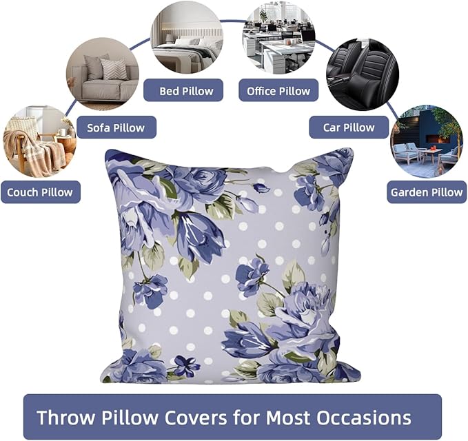 Blue Flower Throw Pillow Covers 20"x20" Set of 4, Retro Floral Sofa Pillowcases for Chair Couch Bed Living Room Office Car Garden Patio Farmhouse Indoor Outdoor Decorative