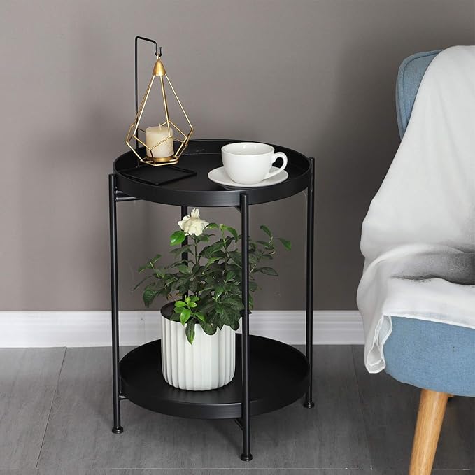 Tiita Round End Table Mental 2-Tier Side Table Nightstand/Small Iron Tables Accent Coffee Table for Living Room Bedroom Office Small Space