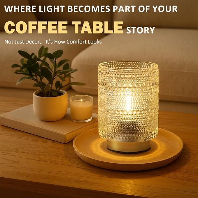 Small Decorative Aesthetic Lamp with Timer for Shelf/Bedside/Coffee Table Decor,Battery Operated Cordless Table Lamps with LED Warm Bulb for Dorm/Office/ Patio/Entryway/Mantle/Table Decor(Clear)