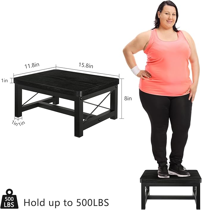 YINMIT Wooden Step Stool for Adults, Heavy Duty Step Stool with Non-Slip Feet, Bed Steps for High Beds for Adults, Wide Stepping Stool for Bedroom Kitchen, Hold Up to 500 LBS, Black