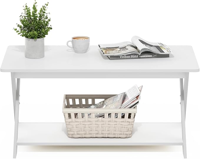 Furinno Modern Simplistic Coffee Table, Rectangle Modern Coffee Table with X-Legs, Criss-Crossed Side Table, for Living Room, Bedroom, Home Office, White