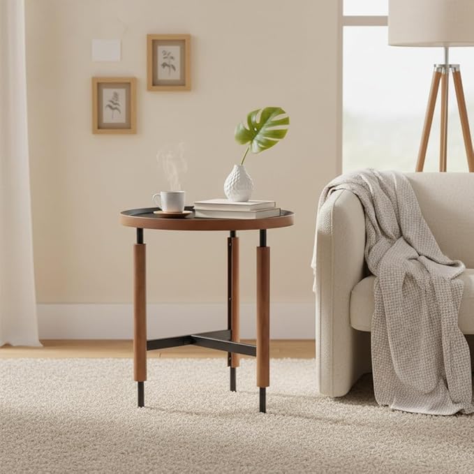 LukeAlon Modern Round Side Table for Living Room - Circle Wooden Table Top with Black Cross Legs Base, Rustic, Vintage, Easy Assembly, Black (19" D x 19" W x 21.5" H)