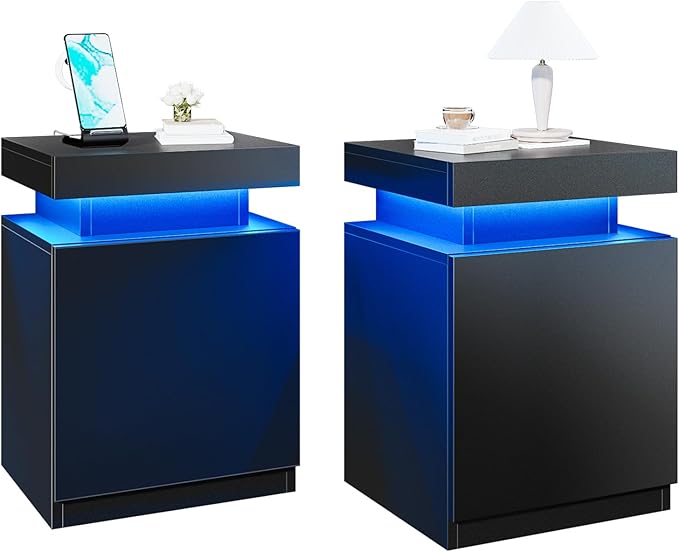 oneinmil Nightstand Set of 2, Night Stands with LED Lights, Charging Station and Sliding Top Storage, Modern Bedside Table of 2, End Side Table for Bedroom, Black