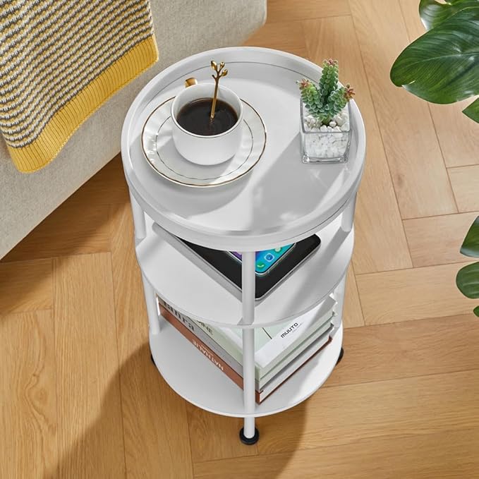 Small White Side Table, Round End Table with Wood Grain Texture, 3-Tier Farmhouse Nightstand for Bedroom & Living Room, 21.7" H Cute Accent Table for Nursery, Bathroom, Small Spaces (Classic, White)