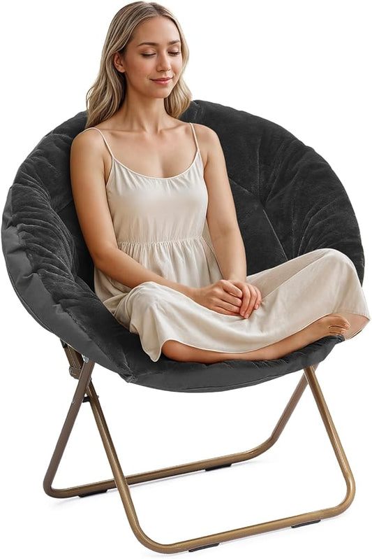 Athena Collection Comfy Saucer Chair Folding Cozy Chair for Bed Room Living Room Accent Chair Faux Fur Reading Chair Foldable Metal Frame Lazy Chair Moon Chair for Adult, Black