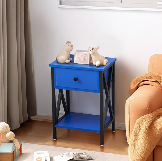 VECELO Nightstands Set of 2, Modern Bedside End Tables, Night Stands with Drawer and Storage Shelf for Living Room Bedroom, Industrial Metal Frame