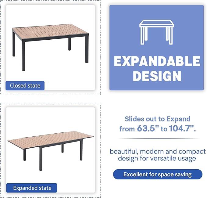 Soleil Jardin Aluminum Patio Extendable Dining Table, 63" - 105", Adjustable Indoor Outdoor Furniture Rectangle Table w/Thermal Transfer Wood Grain Tabletop for 6-10 Person Porch Deck Garden, Black