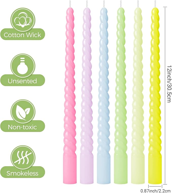 12 inch Colored Tall Taper Candles Sticks 6PCS Unscented Smokeless Long Tall Spiral Candle for Christmas Wedding Party Home Decor Dinner