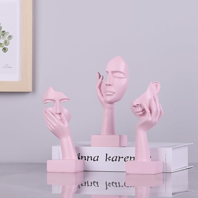 3 Pcs Thinker Small Statue Set - Pink Art Abstract Home Accent Figurines for Decor Woman Apartment Bookshelf Floating Shelf Coffee Table Office Desk Bathroom Counter Decor (3 Pcs Pink, 6")