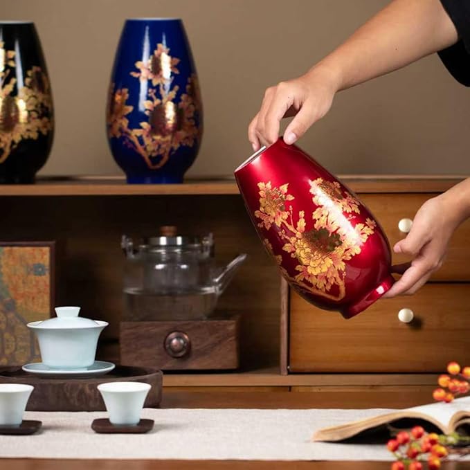 9 Inch Glossy Vintage Ceramic Vase with Floral Design,Flower Vases for Dining Table & Wedding Centerpiece, Handcrafted Home Decor,Boho Decoration for Living Room,Office,Entryway,Pampas Grass(Wine red)