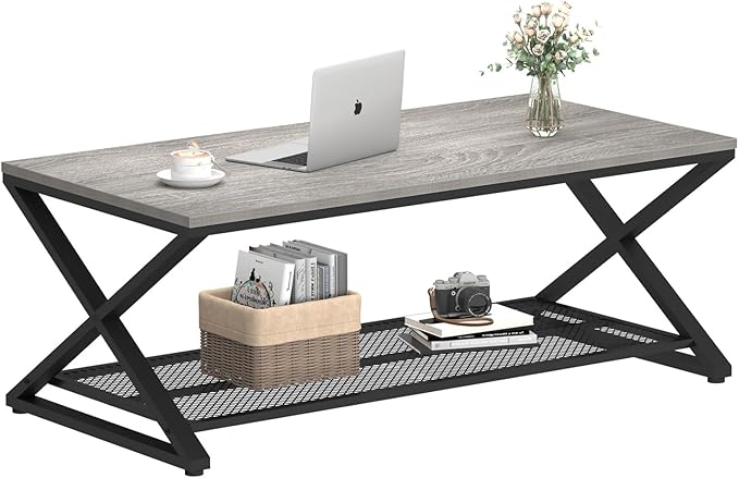 LVB Gray Coffee Table, Farmhouse Wood Metal Center Table with Storage for Living Room, Industrial Wooden 2 Tier Rectangle Cocktail Tea Table with Mesh Shelf for Office Bedroom, 47 inch, Light Grey Oak