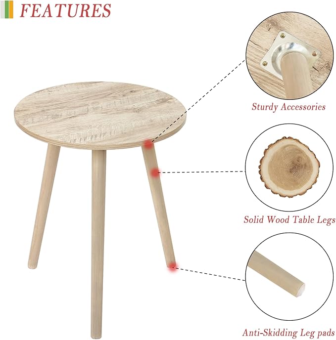 AWASEN Round Side Table, Modern Small End Table for Living Room, Wood Accent Drink Table for Small Space with Solid Wood Legs, Easy Assembly, Rustic White Oak