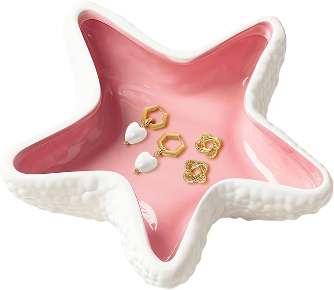 Starfish Jewelry Dish Ceramic Holder Ring Trinket Tray, Ocean-themed Decorative Trinket Dish, Suitable for Mother Friend Sister, Gifts for Women, Home Decor Trinket Dish(Pink)
