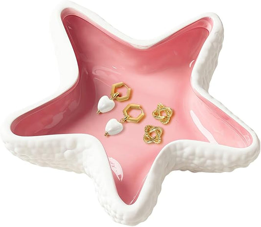 Starfish Jewelry Dish Ceramic Holder Ring Trinket Tray, Ocean-themed Decorative Trinket Dish, Suitable for Mother Friend Sister, Gifts for Women, Home Decor Trinket Dish(Pink)