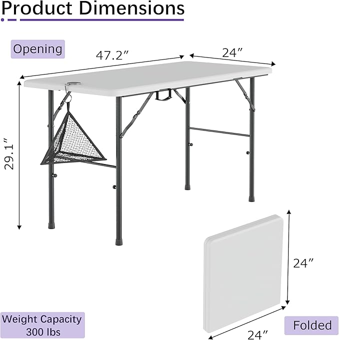 VECELO Folding Table 4 Foot with Mesh Bag, Indoor Outdoor Heavy-Duty Portable w/Handle,Fold-in-Half for Picnic, Party, Camping, White