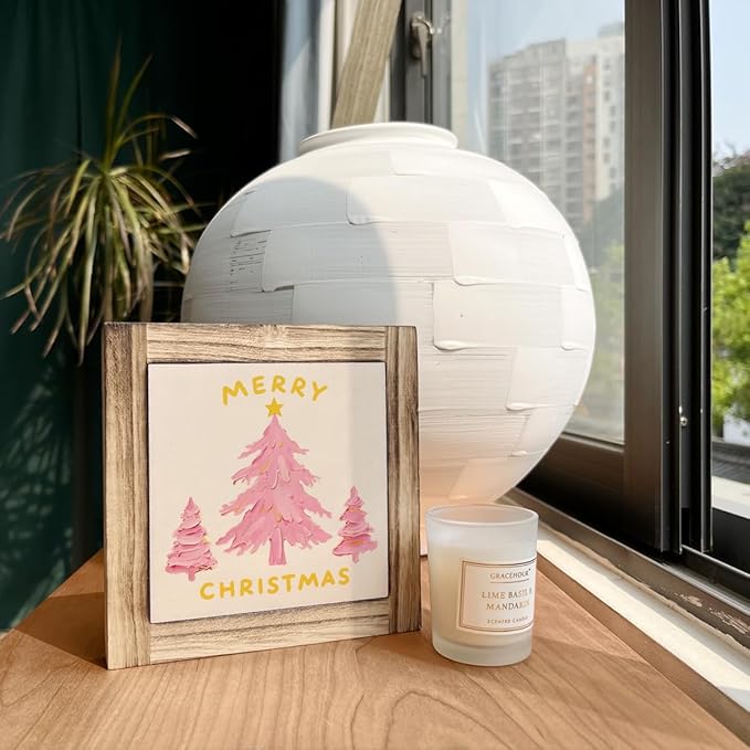 Merry Christmas Wood Sign, Pink Christmas Tree Decor, Wood Plaques Desk Decors, Decorative Wooden Box Sign, X-mas Home Decor for Living Room Bedroom Table helves, X-mas Gift for Girls Women