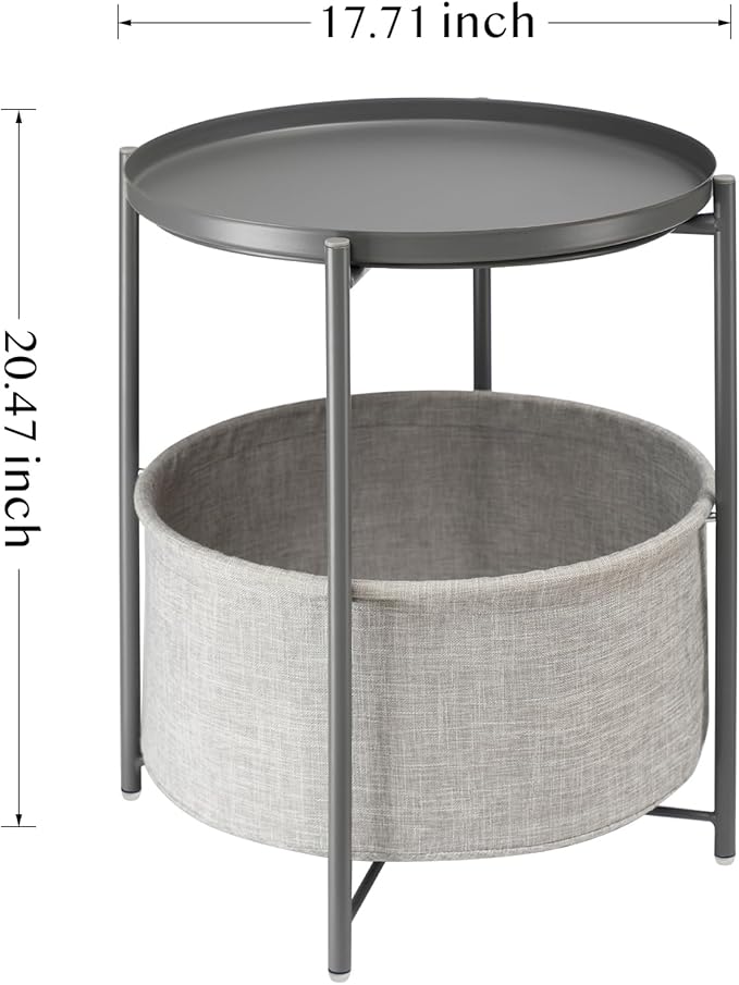 danpinera Round Side Table with Fabric Storage Basket, Metal Side Table Small Bedside Nightstand with Removable Tray Top for Living Room, Bedroom, Nursery, Laundry, Gray