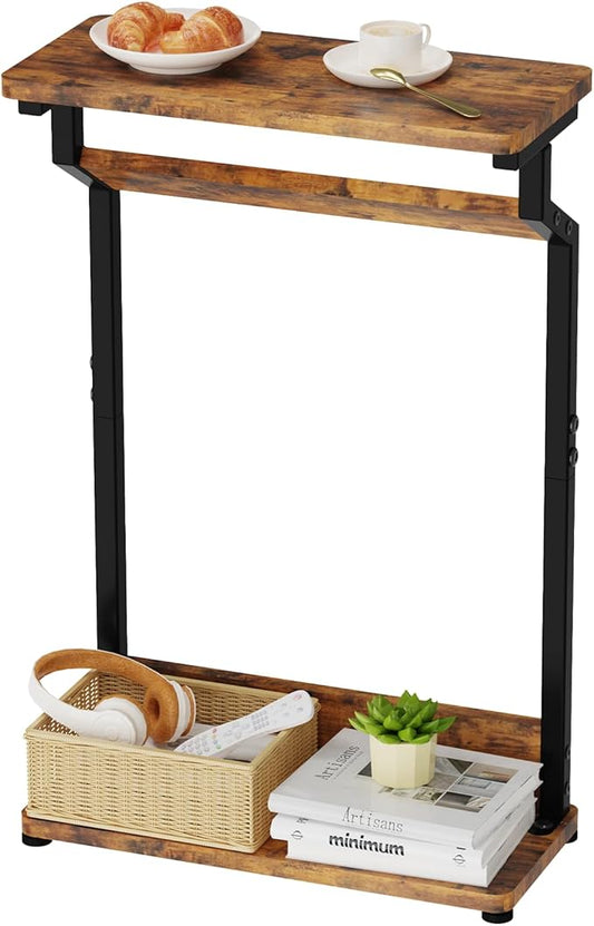Narrow Side Table for Small Spaces, 2-Tier Farmhouse Small End Table, Slim TV Tray Couch Table Skinny Sofa Tray Tables Thin End Tables for Living Room Bedroom, Rustic Brown