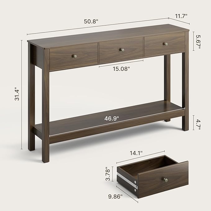 Gizoon Sofa Table with 3 Drawers, Modern Accent Console Table with Open Shelf, Large Storage Space, for Living Room, Front Hall, Entrance Hall, Study Room, Dark Brown