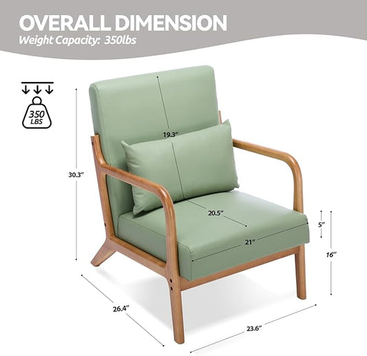 Mid Century Modern PU Leather Accent Chair, Living Room Chairs with Lumbar Pillow Boho Arm Chiar Reading Chair with Solid Wood Frame for Living Room Bedroom
