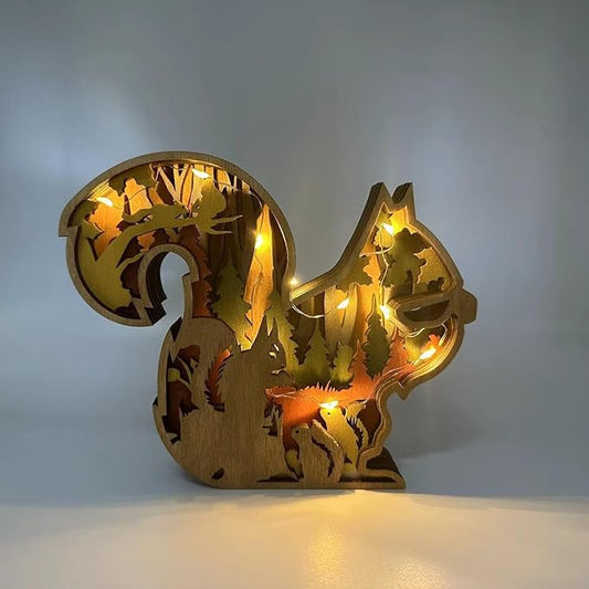 3D Wooden Carving Animals Lamp - Creative Fox Squirrel Wood Carved LED Night Light Garden Yard Wooden Animals Sculpture Ornaments Desktop Home Decor Birthday Gifts for Family Friend (Squirrel)