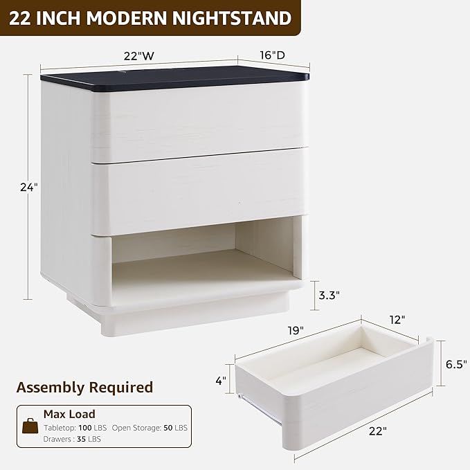 ACCOHOHO Nightstand Set of 2 with Charging Station, 22" Large Modern Bedside Table with 2 Drawers Storage,Push-to-Open End Table for Bedroom,Living Room,Off White
