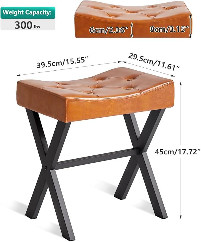IBUYKE U-Shaped PU Vanity Stool, Square Makeup Chair with X-Leg, Ottoman Seat Footrest Stool, Multi-Use as Small Side Table, for Bedroom, Living Room, Light Brown WBD019J