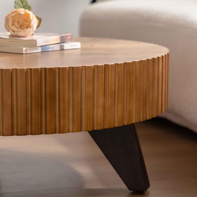 Round Coffee Table, 35.4" Vintage Handcraft Relief Drum Coffee Table Circle Wood Side Table End Table Accent Center Table Home Decor Table for Living Room Bedroom Apartment, Oak