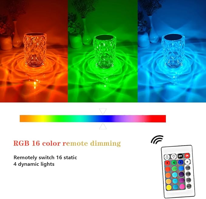 Portable Crystal Table Lamp, 3-Color Touch Control Rechargeable, 3-Levels Brightness Room Decor, Crystal Bedside Night Light for Kids, Bedroom & Dining Room (16 Color Rose)