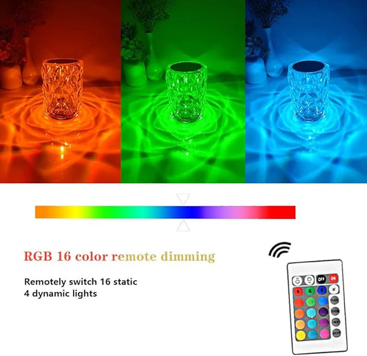 Portable Crystal Table Lamp, 3-Color Touch Control Rechargeable, 3-Levels Brightness Room Decor, Crystal Bedside Night Light for Kids, Bedroom & Dining Room (16 Color Rose)