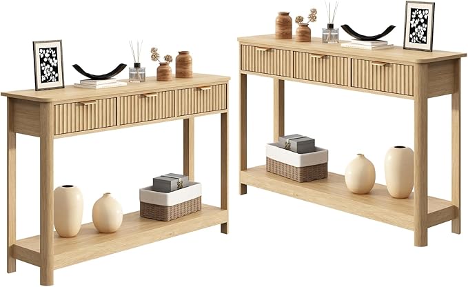 Set of 2 Console Table with Drawers, Modern 47.1" Entryway Table with Storage Shelf, Boho Narrow Skinny Behind Couch Wood Sofa Table for Living Room Hallway Entrance Foyer,Natural