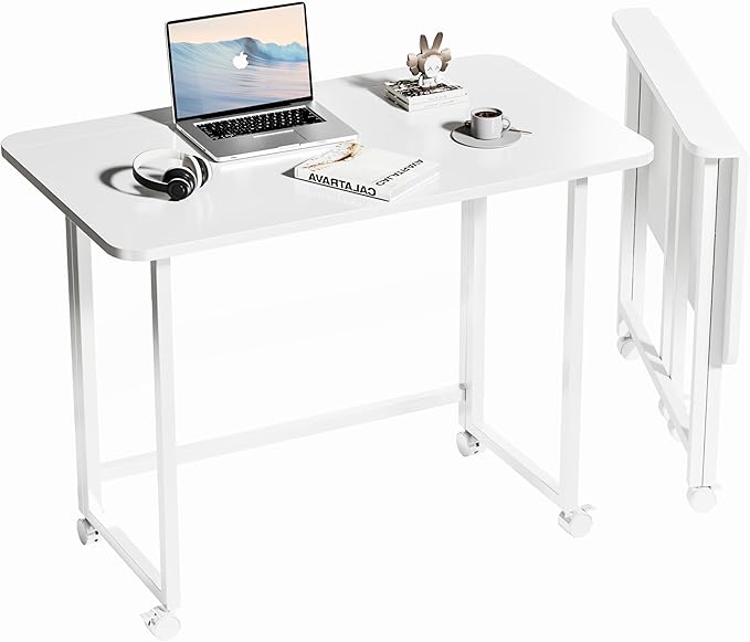 Folding Desk,Not Require Assembly,Small Foldable Desk 31.5" for Small Spaces,Space Saving Computer Table Writing Workstation for Home Office,White